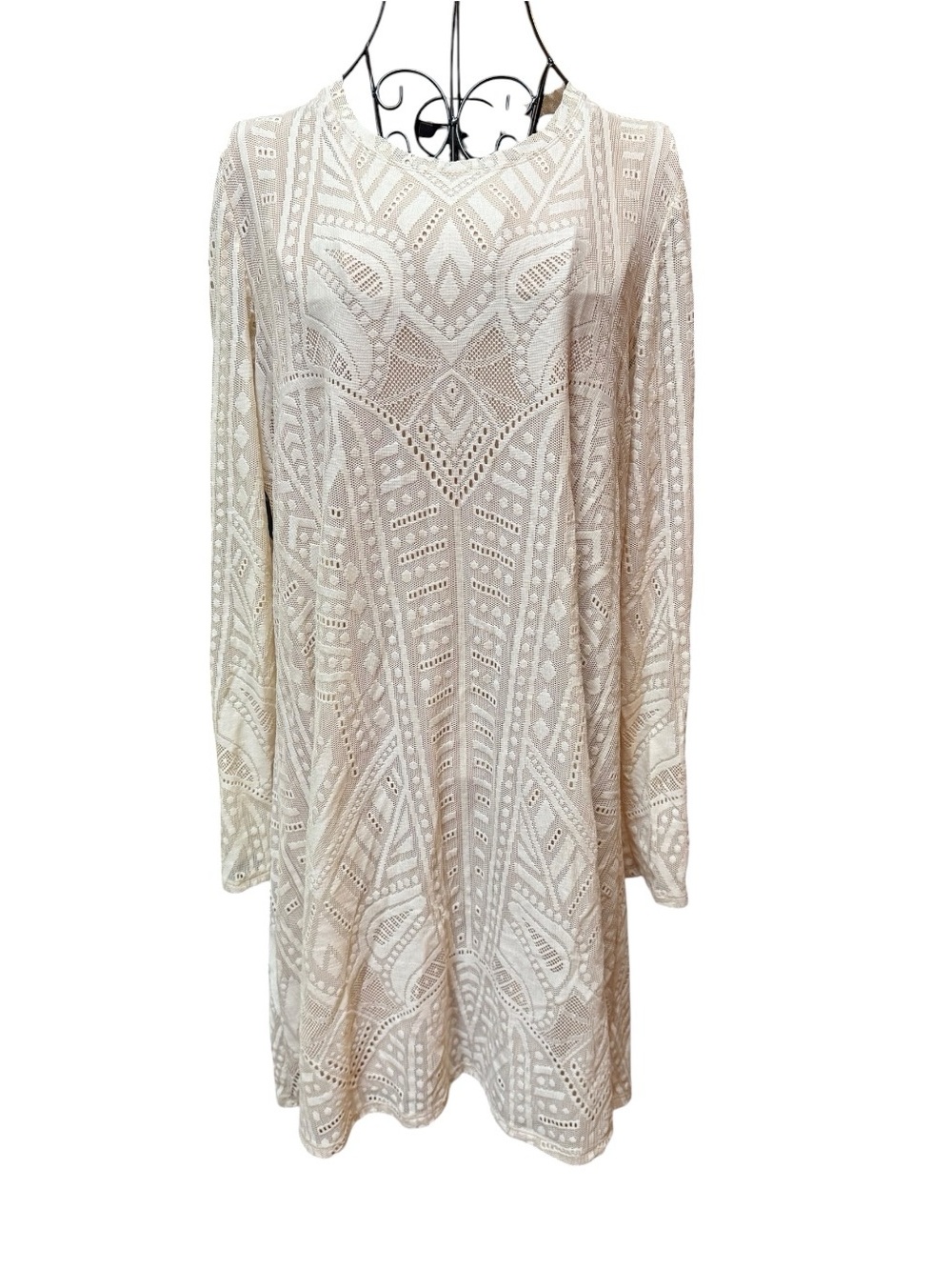 BCBGMaxAzria Tan Ivory Long-Sleeve Lace Shift Dress Boho Classic